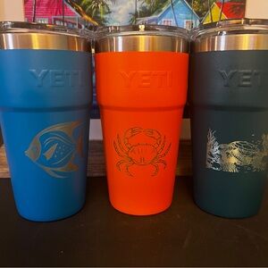 YETI Tumblers with Marine Life Motif Big Wave Blue King Crab Orange & Agave Teal